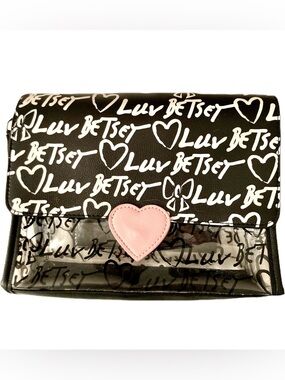 Betsey Johnson Black White Script Clutch with Pink Heart